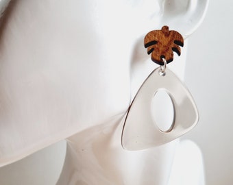 Asymmetrical transparent brown beige acrylic and monstera leaf wood earrings - a great gift idea for women - Mother's Day