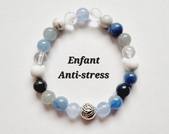 Children's anti-stress bracelet with blue aventurine, aquamarine, howlite, rock crystal, and natural stones - a gift to help with anxiety, worry, and distress.