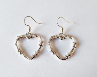Silver barbed wire heart earrings