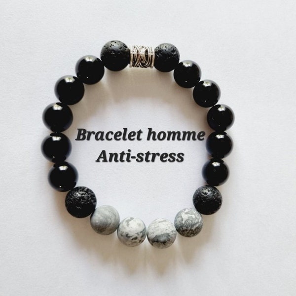 Bracelet homme anti stress pierres naturelles jaspe picasso mat gris onyx noir pierres de lave