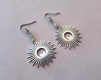 Sun and moon earrings in silver-tone stainless steel with matte yellow, lime green, and aqua beads - perfect for spring and summer - a gift for women