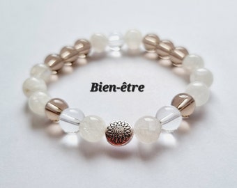 Bracelet bien-être pierre de lune quartz fumé et cristal de roche pierres naturelles idée cadeau anti stress zen