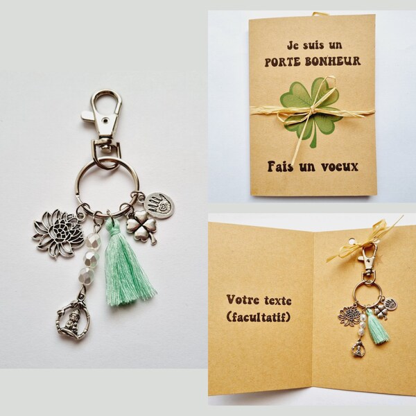 Porte clés et carte porte bonheur Bouddha fleur de lotus trèfle pompon vert d'eau menthe personnalisable