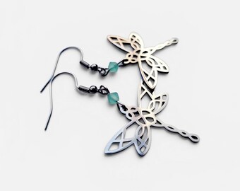 Silver dragonfly earrings in stainless steel with blue or pink beads, perfect for spring/summer, a great gift for women, birthdays, or parties.