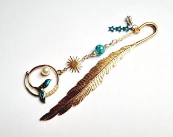 Whale bookmark, starfish, gold, teal blue and pearly white beads, birthday gift idea for women, summer reading