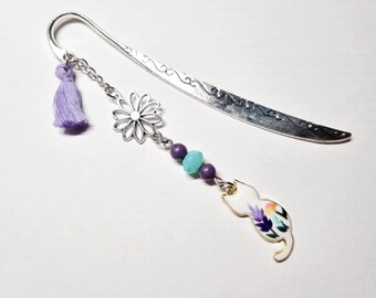 White cat bookmark with gold, pink, purple, and mauve flowers and sparkling faceted beads - perfect birthday or party gift idea