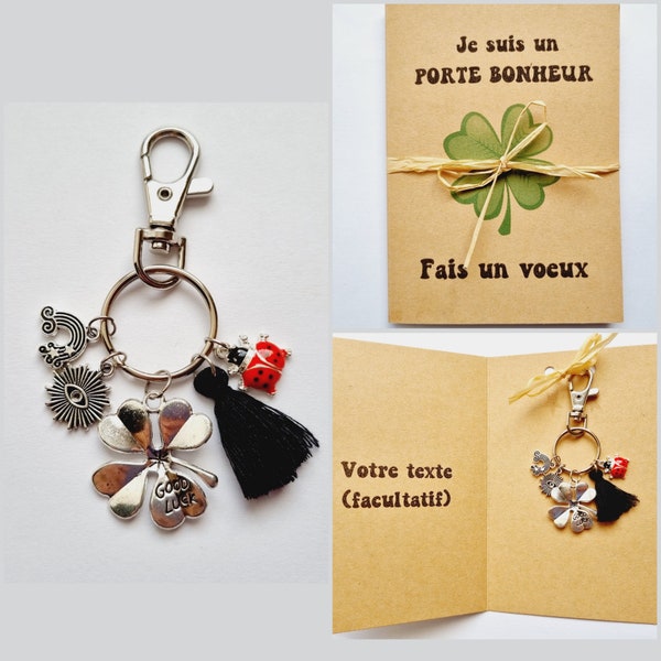 Porte clés et carte porte bonheur arbre de vie trèfle Good Luck coccinelle oeil de la chance pompon noir idée cadeau