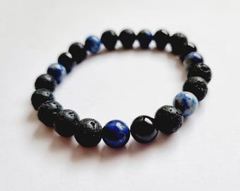 Men's bracelet with lapis lazuli, tourmaline, black lava stone, and natural stones
