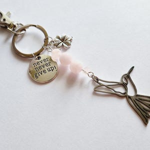 Never give up hummingbird key ring in natural stones Rose quartz PMA IVF fertility love comfort encouragement
