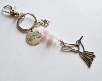 Never give up hummingbird key ring in natural stones Rose quartz PMA IVF fertility love comfort encouragement