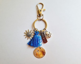 MIRACLE key ring and lucky card with Chinese cat, blue pompom flower