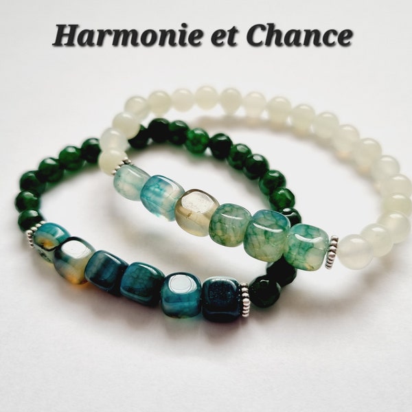 Bracelet femme Harmonie Chance pierres naturelles Agate verte veines de dragon jade serpentine idée cadeau zen bien être