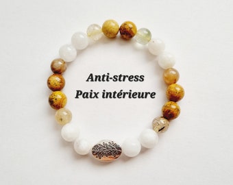 Bracelet anti stress paix intérieure sérénité pierres naturelles jaspe paysage pierre de lune quartz rutilé hibou chouette