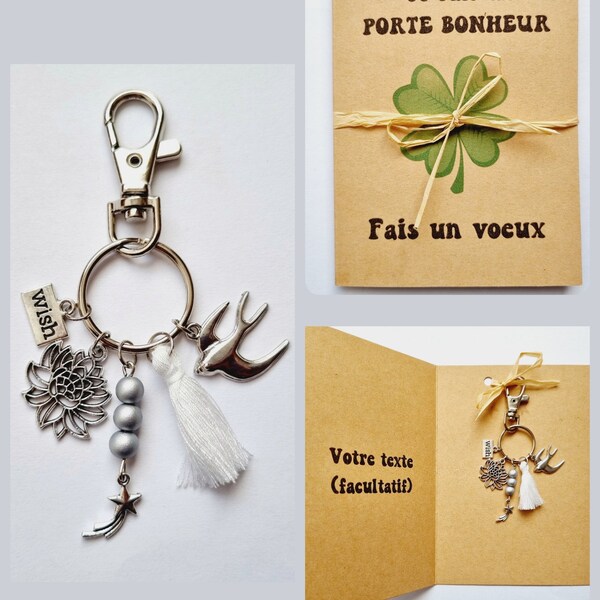 Porte clés et carte porte bonheur WISH hirondelle fleur de lotus étoile filante pompon blanc idée cadeau