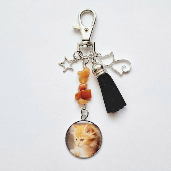 Porte-clés chat roux pierres naturelles quartz orange étoile bijou de sac créativité estime de soi joie optimisme cadeau