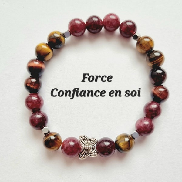 Bracelet Force Confiance en soi papillon oeil de taureau oeil de tigre grenat pierres naturelles idée cadeau homme femme