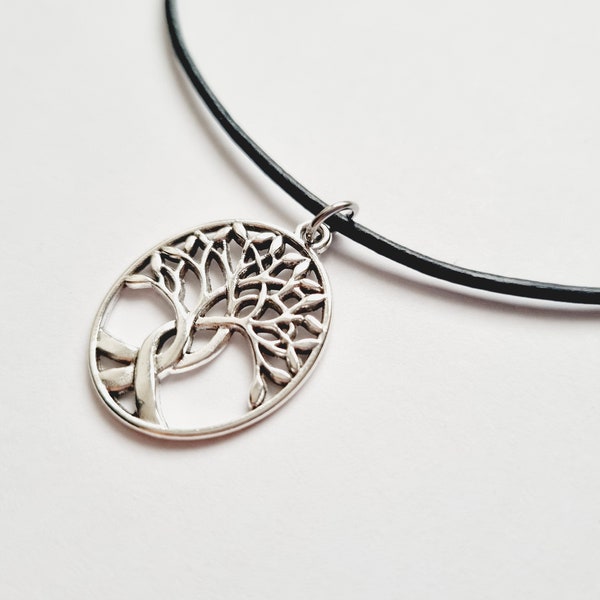Collier arbre de vie en métal argenté cordon en coton ciré noir mi-long fantaisie idée cadeau zen