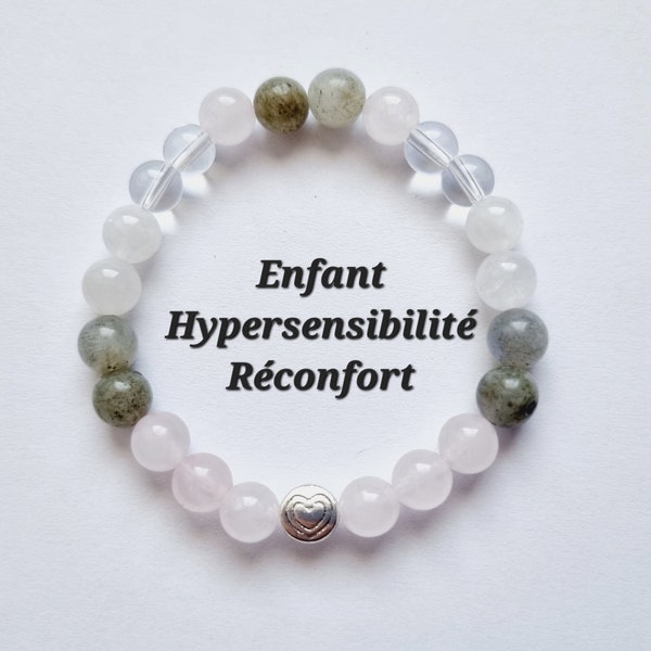 Bracelet enfant Hypersensibilité réconfort quartz rose pierre de lune labradorite grise cristal de roche anti stress constipation sommeil