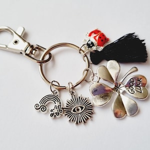 Sleutelhanger en gelukskaart levensboom klaver Good Luck lieveheersbeestje geluksoog zwarte pompon cadeau-idee