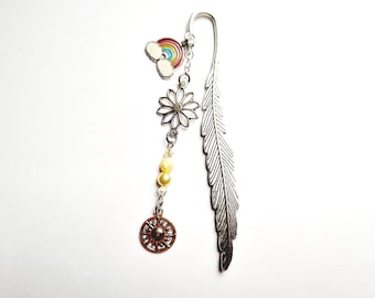 Bookmark with sun, flower, rainbow, yellow beads, silver feather, bucolic nature-themed birthday gift idea