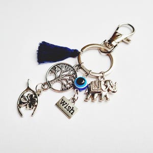 Porte clés et carte porte bonheur arbre de vie trèfle éléphant zen wish pompon bleu marine idée cadeau