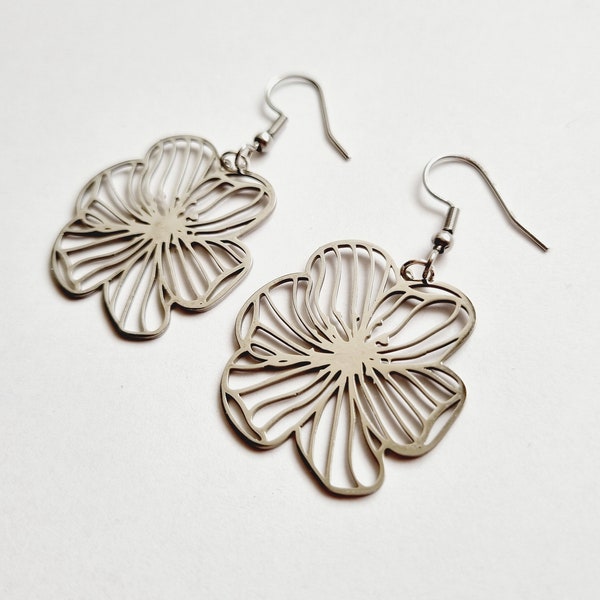 Boucles d'oreilles Fleurs en acier inoxydable argenté printemps été cadeau femme