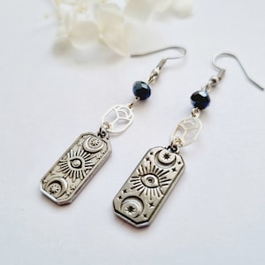 Boucles d'oreilles tarot mystique oeil de la chance lune magie scarabée perles facettes noires en acier inoxydable longues