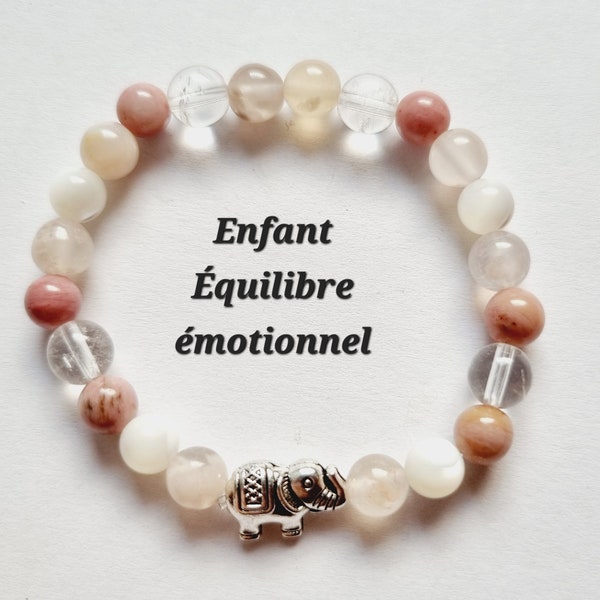 Bracelet enfant Équilibre émotionnel apaisement bien-être pierres naturelles éléphant calcedoine rose nacre rhodonite cristal de roche