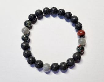 Men's bracelet with lava stone, dragon's blood jasper, and grey labradorite natural stones for stress and fatigue