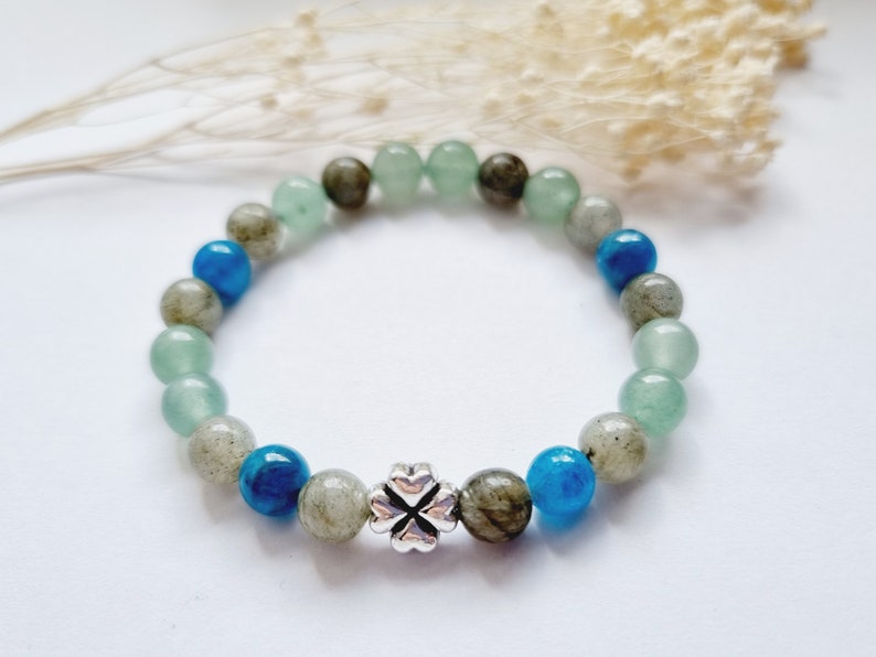 Bracelet enfant hypersensible aventurine apatite bleue labradorite grise pierres naturelles bleu vert idée cadeau anniversaire fille garçon Trèfle