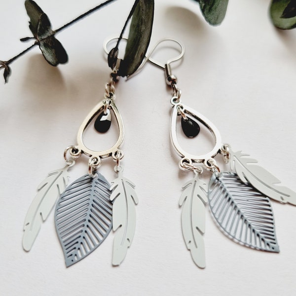 Boucles d'oreilles feuilles plume gris blanc noir en acier inoxydable goutte en cristal noir bijou bohème boho nature idée cadeau femme