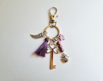 Key ring and lucky card ladybug key cornucopia star mother-of-pearl purple pompom gift idea