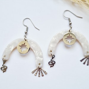 White acetate half moon star earrings dangling for women in stainless steel snake gift idea