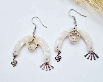 White acetate half moon star earrings dangling for women in stainless steel snake gift idea
