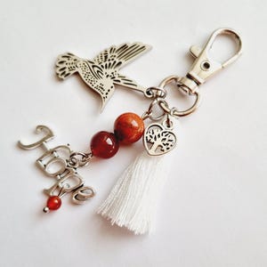Porte clés colibri en pierres naturelles cornaline jaspe rouge grenat PMA FIV fertilité