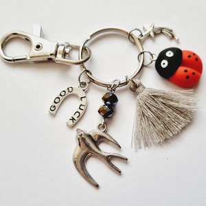 Porte clés et carte porte bonheur coccinelle fer à cheval hirondelle étoile filante pompon gris idée cadeau