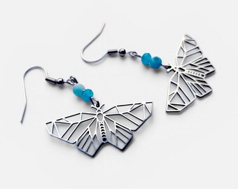 Origami butterfly earrings in silver stainless steel with matte blue beads, spring/summer gift for women, birthday/party