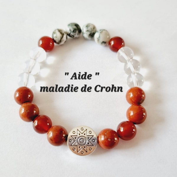 Bracelet aide Crohn lithothérapie pierres naturelles jaspe rouge cornaline cristal de roche agate mousse idée cadeau femme