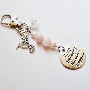 Miracle hummingbird key ring in natural stones Rose quartz freshwater pearls PMA IVF fertility love comfort