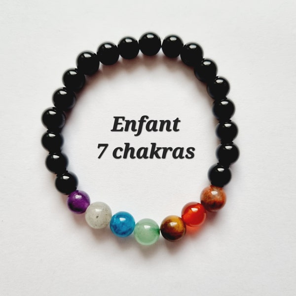 Bracelet enfant 7 chakras onyx noir pierres naturelles idée cadeau anniversaire garçon fille