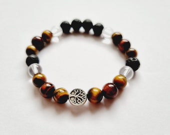 Men's bracelet with natural stones, tiger's eye, bull's eye, crystal, rock, and lava stone