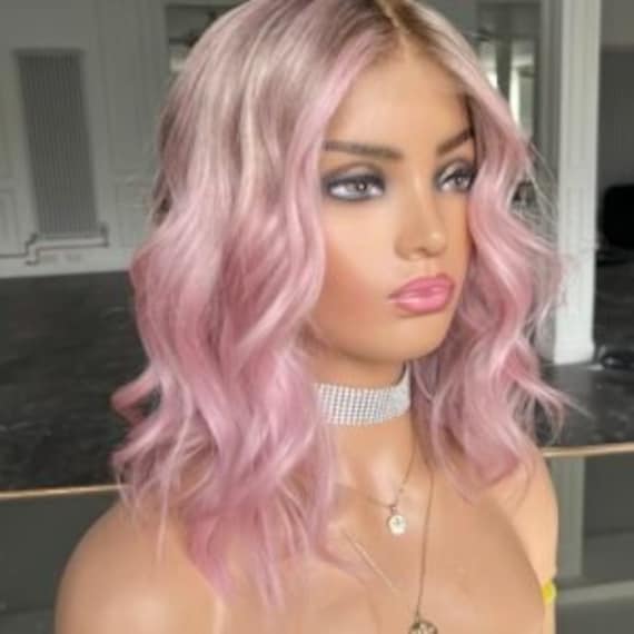 Pink Beauty Virgin Human Hair Full Lace Wig!! Pink Bob Wigs 13x4 Lace Front Human Hair Wigs Straight  main image 4