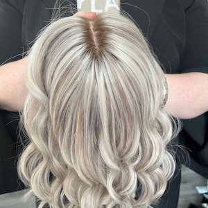 IMPROVED Ice Blonde Balayage European human hair silk topper. Cuticle aligned virgin hair. Custom root requests welcome.