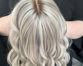 IMPROVED Ice Blonde Balayage European human hair mono topper. Cuticle aligned virgin hair. Custom root requests welcome.
