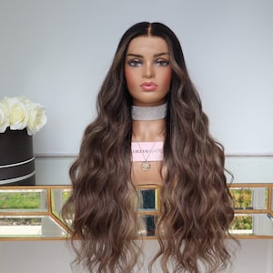 14-32 ", xs / s / m / groß, LASSEN Sie eine Notiz mit Ihrer Größe.Spitzen-Front-Perücke aus Cuticle ausgerichtet reines Echthaar, Balayage schwarz / dunkel aschblond