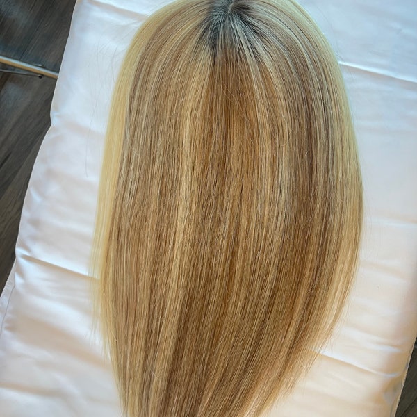 IMPROVED! Blonde / Mix blonde European human hair silk topper. Cuticle aligned virgin hair. Custom root requests welcome.