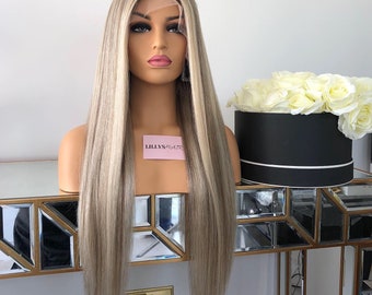 16-26" Courtney Human Hair Full Lace Wig. LEAVE A NOTE with your cap size (xs,s,m,l) at checkout. Colour: Platinum ash blonde