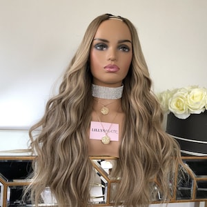 KHLOE Mezcla de castaño claro y rubio, peluca de cabello humano U-Part hecha de cabello virgen con cutículas alineadas