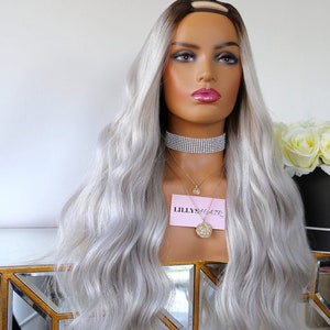 ARIANA Peluca de cabello humano en forma de U, de color blanco plateado con raíz marrón ceniza, hecha de cabello virgen con cutículas alineadas.