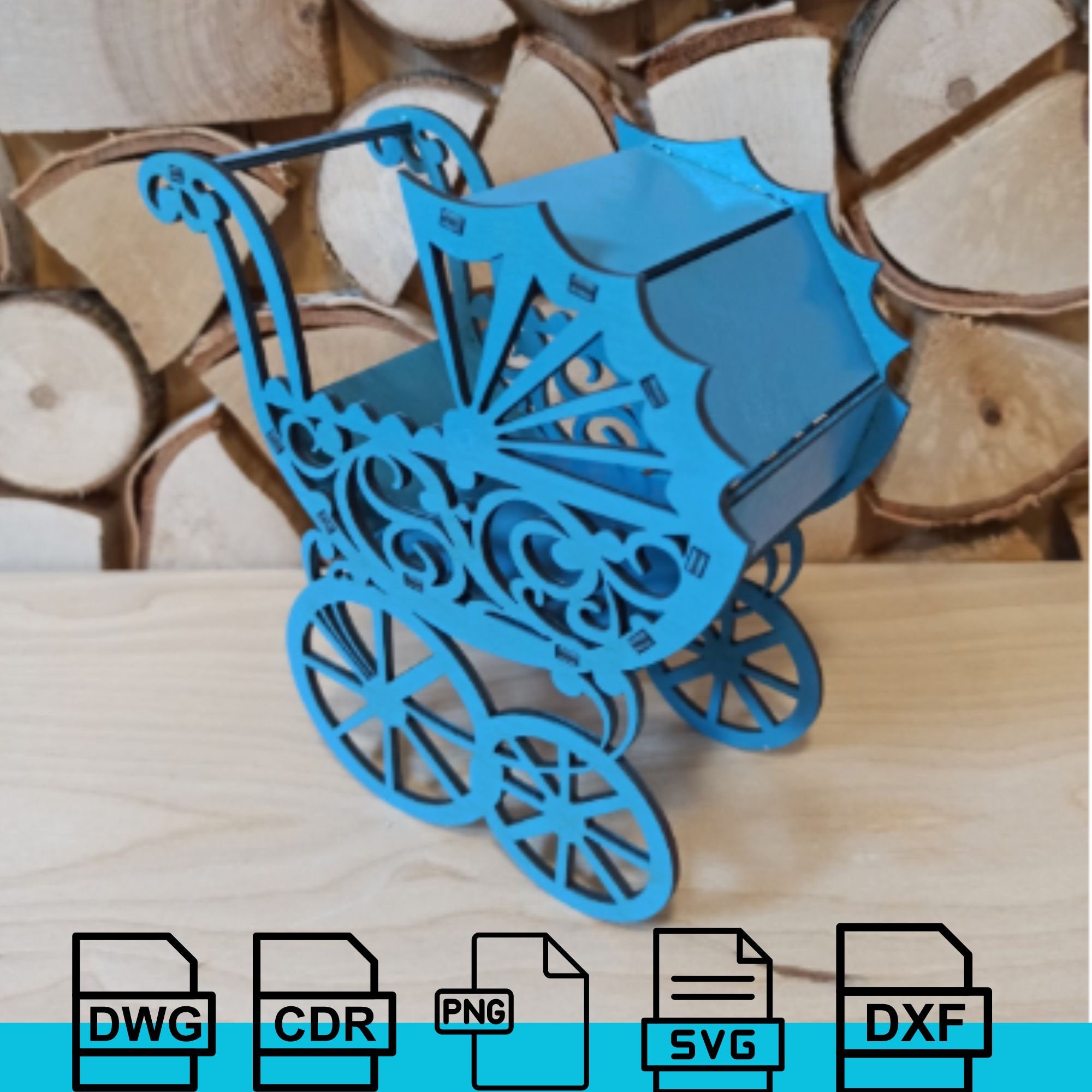 Laser Cut Baby Shower Carriage Stroller Wedding Vector Silhouette , Cdr
